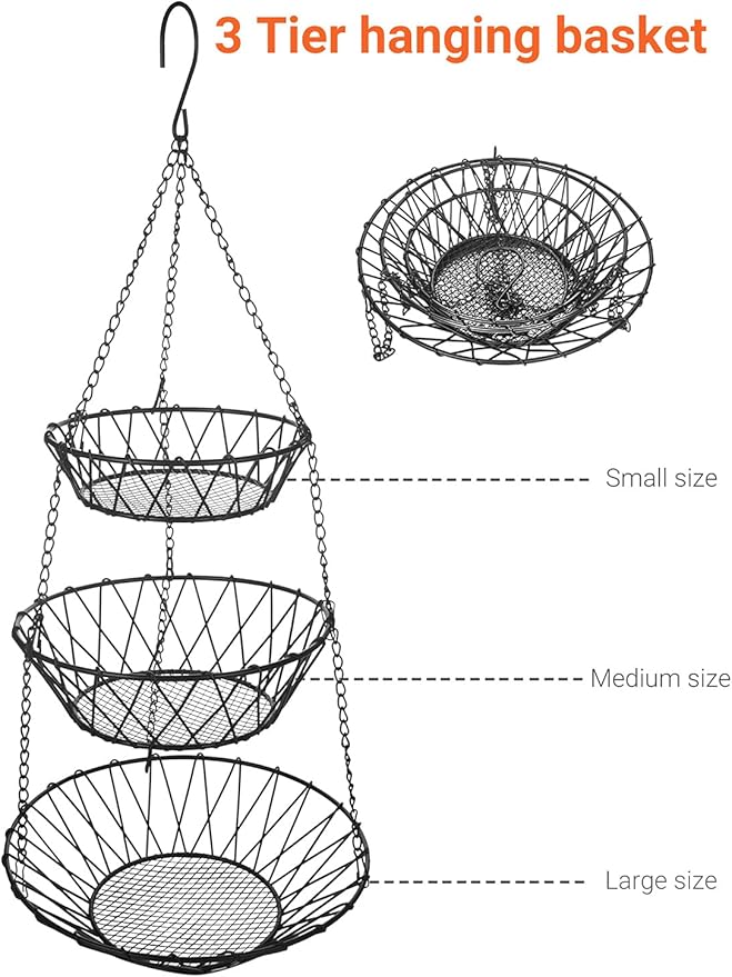 3 Tier Hanging Basket with Sturdy Metal Chain Hanging Hooks Fruit and Vegetable Basket Heavy Duty Wire Organizer Space Saving Rustic Country Style Kitchen Storage