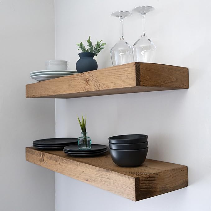 Modern Floating Shelves 3 Inches Thick for Wall, Wide Shelves for Kitchen, Living Room, Bedroom, and Bathroom, Natural Pine Wood, Rustic Wooden Shelf, (Set of 2) (Aged Oak, 60Lx3Hx8D)