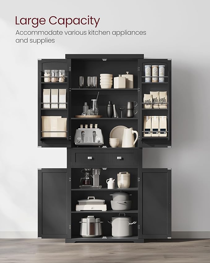VASAGLE Pantry Cabinet, 71.7-Inch High Freestanding Tall Cupboard Storage Cabinet with a Drawer, 2 Cabinets, 4 Adjustable Shelves, 6 Door Shelves, for Living Room, Kitchen, Ink Black UBBC561B12