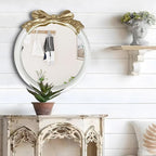 26x26 inch Bow Antique Mirrors for Wall, Round White and Gold Decorative Wall Mounted Mirror, Circle Antique Mirrors Suitable for Bedroom, Hallway, Living Room Decoration, Bathroom Sink