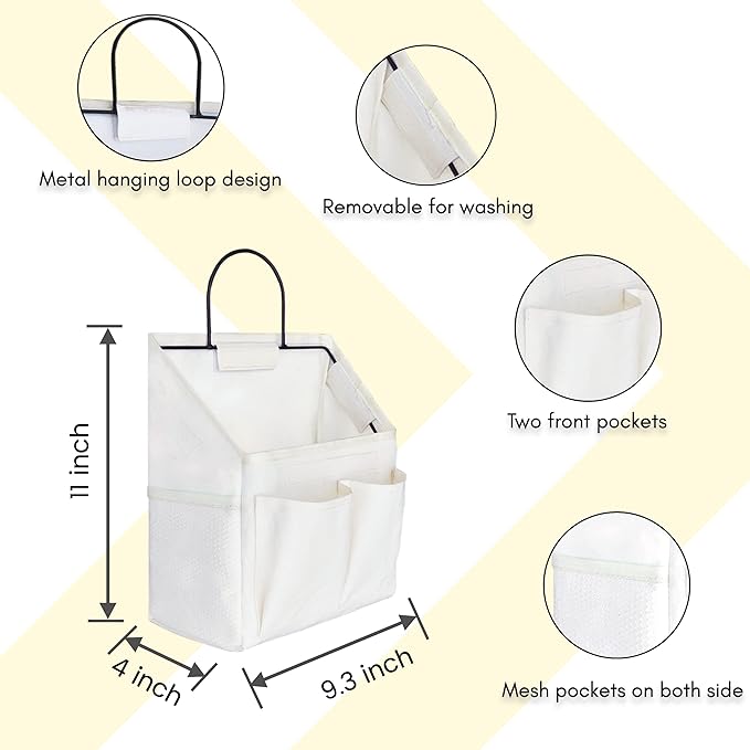2pcs Small Wall Hanging Organizer Bag, Linen Fabric Door Hanging Storage Basket with Pockets, Waterproof Bin for Kitchen, Bedroom, Office, RV Camper (White)