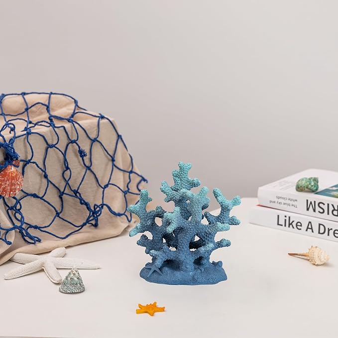 7.1" H Blue Coral Decor, Resin Coral Statue, Nautical Decorations for Home, Bedroom, Bathroom, Living Room, Beach/Coastal/Ocean Themed Cabinet Shelf Tabletop Decor