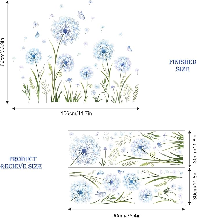 Dandelion Flower Butterfly Wall Decals Blue Dandelion Plants Floral Wall Stickers Peel and Stick Vinyl Wall Art Decor for Living Room Bedroom Office TV Sofa Backdrop Home Decor Gifts for Mom