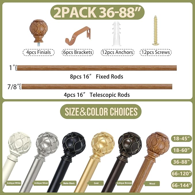 2 Pack Wood Curtain Rods for Windows 48 to 84 Inch(4-7ft),1 Inch Adjustable Curtain Rod,Heavy Duty Curtain Rods,Wooden Netted Texture Drapery Rods,Single Window Curtain Rod 36-88",Brown Wood