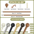 2 Pack Wood Curtain Rods for Windows 48 to 84 Inch(4-7ft),1 Inch Adjustable Curtain Rod,Heavy Duty Curtain Rods,Wooden Netted Texture Drapery Rods,Single Window Curtain Rod 36-88",Brown Wood