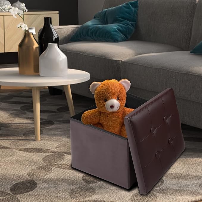 ALASDO Brown Leather Storage Ottoman Footrest Stool, 17x13x13inches, Modern Style
