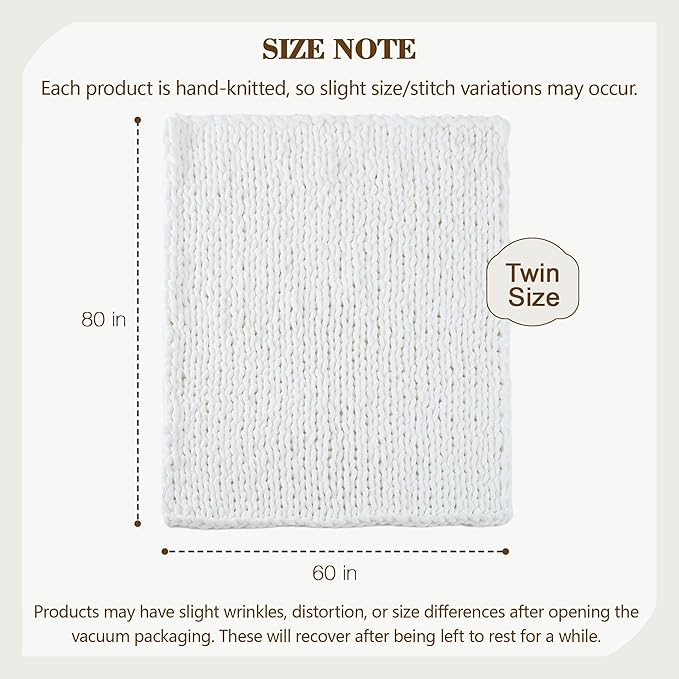 Carriediosa Chunky Knit Throw Blanket 60" X 80" Twin, 100% Hand Made Large Chenille Loop Yarn Soft Fluffy Throws for Couch Sofa Bed, Big Crochet Cozy Heavy Thick Cable Woven Blankets, Snow White