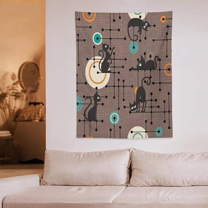 ICMOLYYENLO Boho Medieval Cat Tapestry, Abstract Atomic Starburst Geometric Aesthetic Art Wall Hanging For Bedroom Living Room Dormitory 60x80 Inches