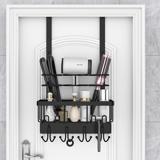 REFLYING Over-the-Door Hairdryer and Styling Tool Organizer, Metal, Black, 3 Compartments, 8 Hooks, 15"H x 10"W x 4.7"D