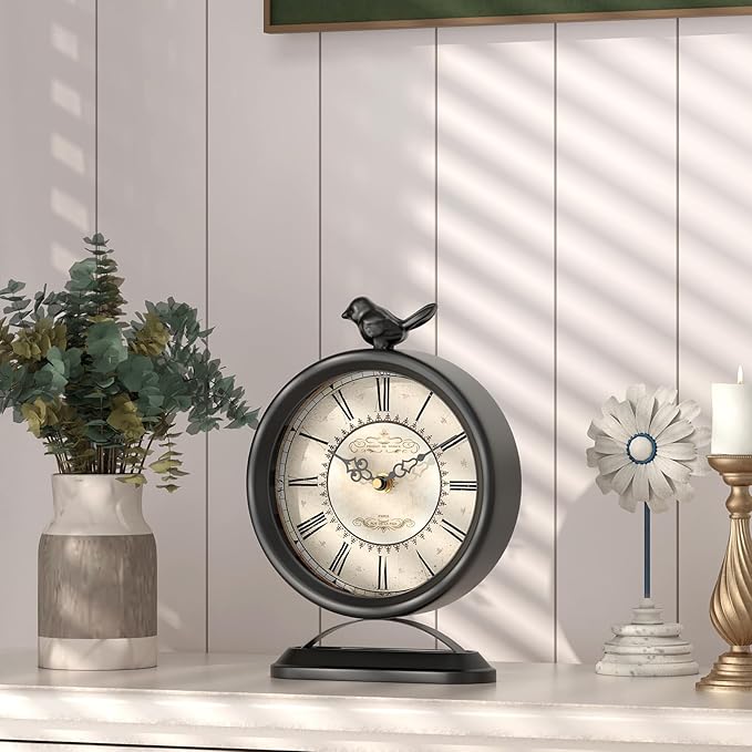 Vintage Table Clock with Bird, European Antique Style Black Mantel Clocks, Desk and Shelf Decor Clock, for Farmhouse, Bedside, Living Room, Bedroom, Gift (9" H x 6.5" W)