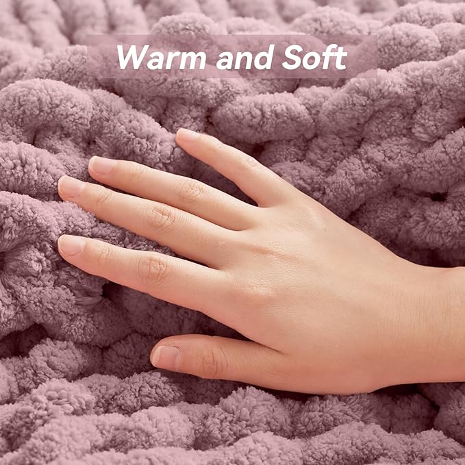 Chunky Knit Throw Blanket, 40''*50'' Knitted Throw Chenille Yarn for Bed Couch, Handmade Muted Pink Crochet Big Thick Blanket, Machine Washable Cute Comfy Blanket for Home Decor