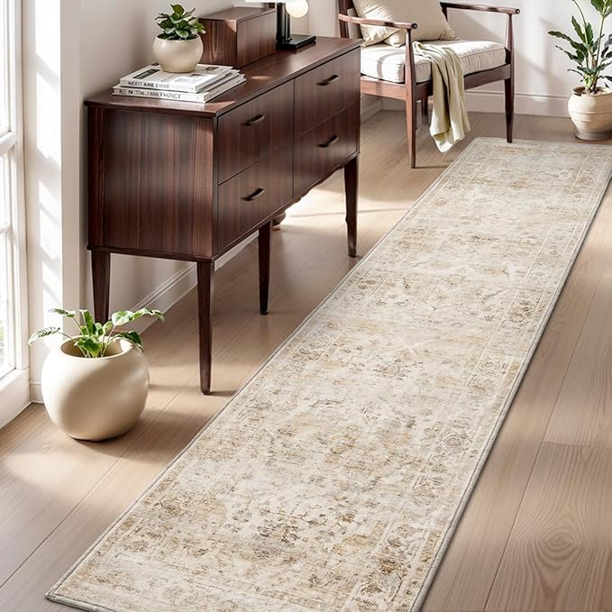 AMOAMI-2X10 Runner Rug-Washable Runners for Hallways-Soft Non Slip Bedside Rugs for Bedroom-Vintage Long Rug for Hallways Entryway Laundry Room Stair Kitchen Bathroom Beige