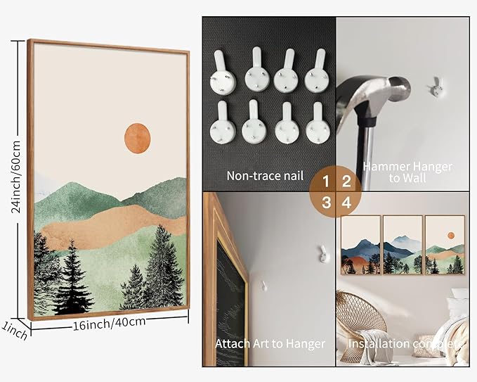 SIGNINART Boho Mountain Framed Canvas Wall Art Set of 3, Watercolor Nature Landscape Set Art Prints, Modern Sunrise Art Paintings, Green Forest Wall Decor for Living Room, Bedroom, Office 16"x24"x3
