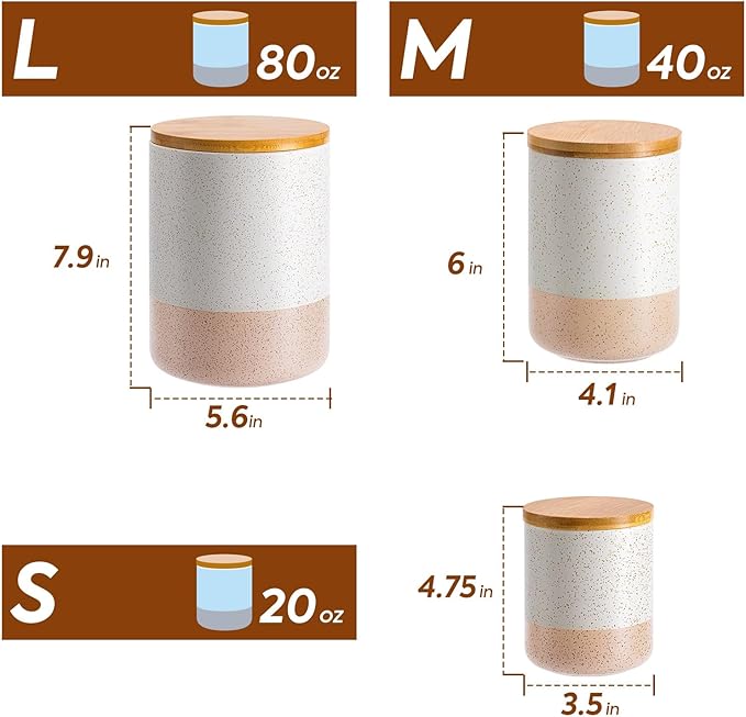 Yangbaga Canister Sets for Kitchen Counter, 20 OZ Large Ceramic Food Storage Jars with Airtight Wood Lids, Large Kitchen Canisters for Coffee, Sugar, Tea, Flour, Spice