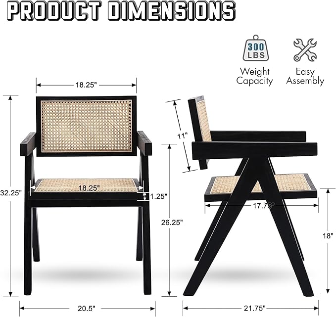 Rattan Dining Chairs Set of 4, Farmhouse Wicker Dining Chairs with Cane Seat Accent Armchair for Dining Room Kitchen Restaurant, Walnut