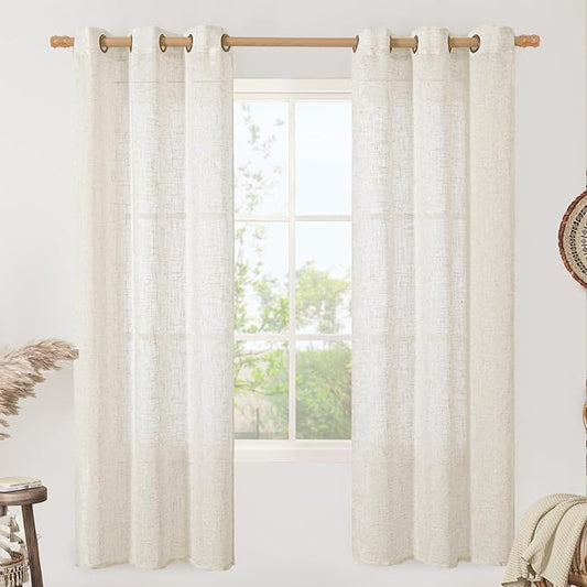 LAMIT Linen Sheer Curtains 72 Inches Long for Bedroom, Bronze Grommet Light Filtering Semi Sheer Linen Textured Burlap Boho Neutral Drapes for Living Room, Cream Ivory, 34 x 72 Inch, 2 Panels