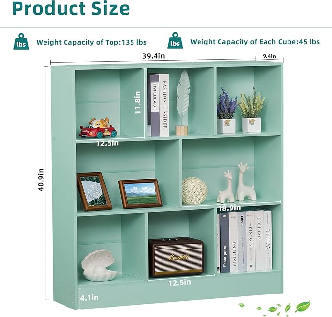 LEYAOYAO 8 Cube Bookshelf with Base,3 Tier Modern Mint-Green Kids Bookcase,Standing Wide Bookshelves Storage Organizer Toy Shelf,Wood Display Children's Book Shelves for Bedroom,Living Room,Nursery