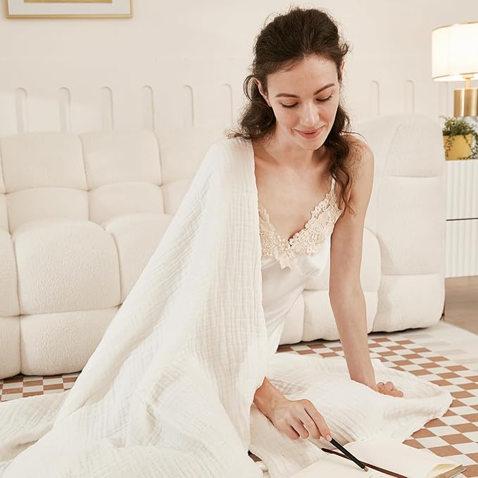 EMME Cotton Throw Blanket for Couch Soft Muslin Blankets 50"x60" Lightweight Breathable Blanket All Season Gauze Blanket, White