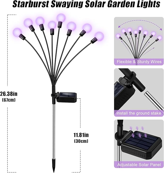 Solar Garden Lights – 16 LEDs Solar Firefly Lights, Purple Swaying Lights Outdoor Waterproof, 2 Pack 8 Heads Garden Decorative for Yard Patio Pathway Lawn Decorations