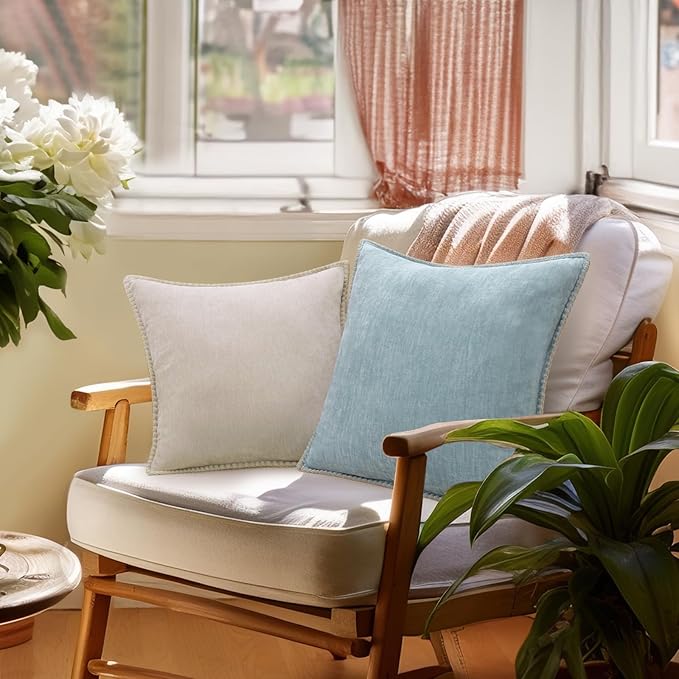 decorUhome Chenille Soft Throw Pillow Covers 18x18 Set of 2, Farmhouse Velvet Neutral Decorative Euro Pillow Covers with Stitched Edge for Couch Sofa Bed Home Decor, Aqua Haze