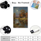 Small house by the stream under the moonlight tranquil style suitable for living room bedroom and office landscape poster wall art