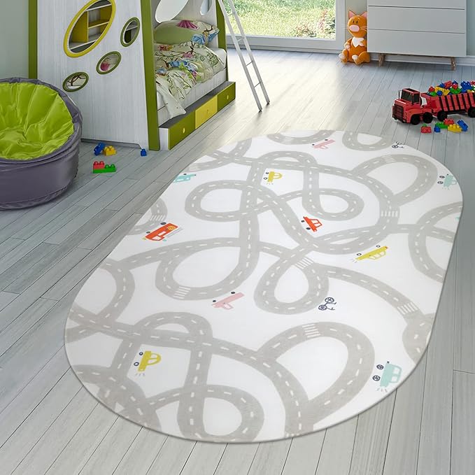 STARUIA Road Traffic Kids Rug Children Playing with Cars Playmat 4x6 Ft, Washable Play Carpet for Kids Playroom, Non-Slip Have Fun Safe Baby Nursery Rug for Toddler Boy's Bedroom Game Room Grey