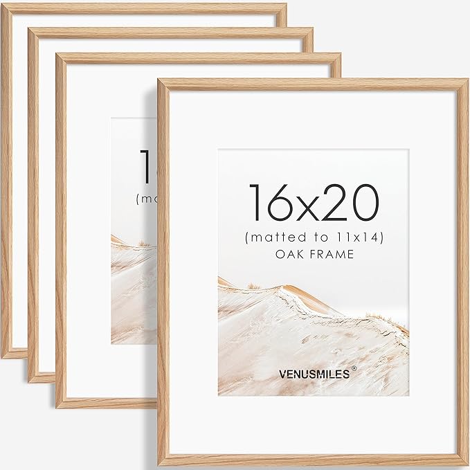 16x20 Picture Frame Set of 4 Natural Solid Oak Photo Frames with 11x14 Removable Mat Wall Hanging Large Handcrafted Frame with HD Plexiglass Wall and Tabletop Display Large Poster Frame