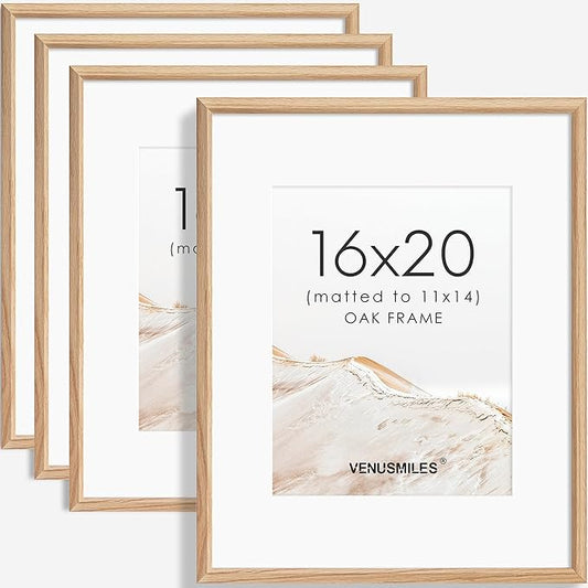 16x20 Picture Frame Set of 4 Natural Solid Oak Photo Frames with 11x14 Removable Mat Wall Hanging Large Handcrafted Frame with HD Plexiglass Wall and Tabletop Display Large Poster Frame