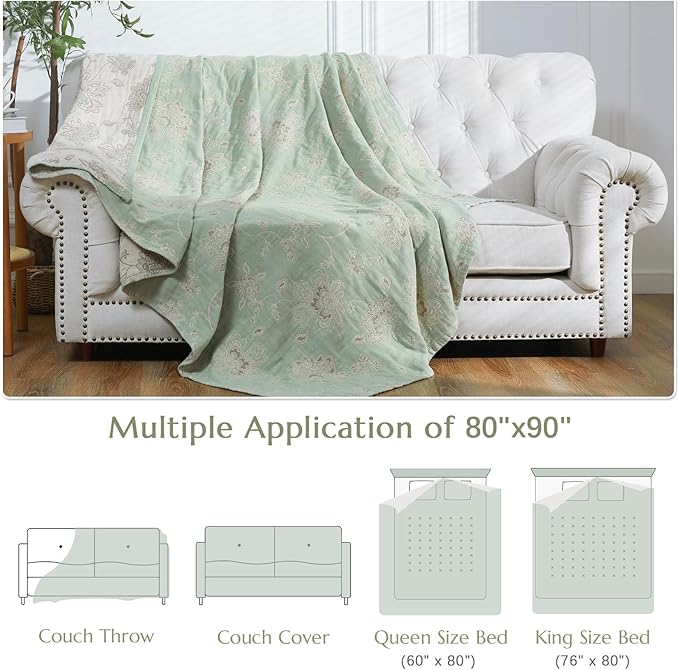 jinchan Boho 100% Cotton Muslin Queen Size 80x90 Inches Blanket Lightweight 4-Layer Quilted Soft Green and Beige Floral Throw Blanket Reversible Comfy Flower Rustic All Seasons Couch Bedroom Decor