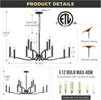 Black Living Room Chandelier 12 Light Hight Ceiling Foyer Candle Chandelier Large Dining Room Light Fixture Over Table 44in Metal Modern Chandeliers Hanging Light for Entry Master Bedroom