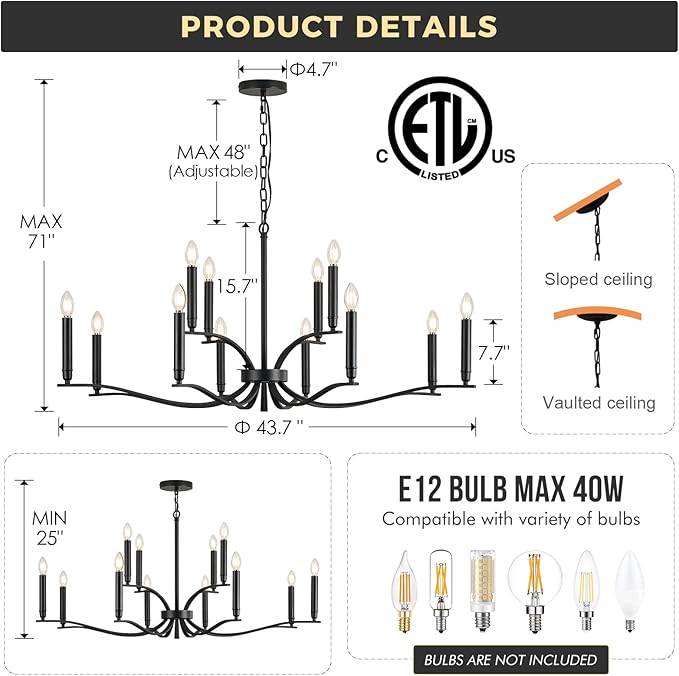 Black Living Room Chandelier 12 Light Hight Ceiling Foyer Candle Chandelier Large Dining Room Light Fixture Over Table 44in Metal Modern Chandeliers Hanging Light for Entry Master Bedroom