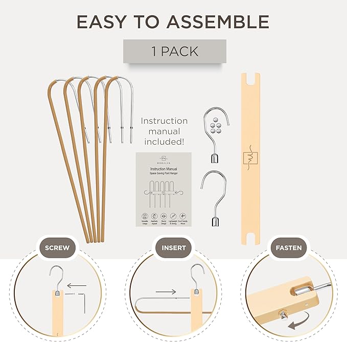 MORALVE Pants Hangers Space Saving - European Beechwood Scarf and Jean Hangers - Closet Organizer and Space Saver Pant Rack, Leggings Hanger, and Scarf Holder with 360° Swivel Hook (1 Pack)