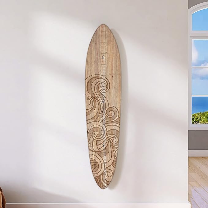 Wooden Surfboard Wall Decor Growth Chart - Surfboard Art Decor for Kids Room, Wood Surfboard Kids Sizing Chart, Surf Boards Art, Height Board Surfer Decor - Brown Wave (9.5"x 46")