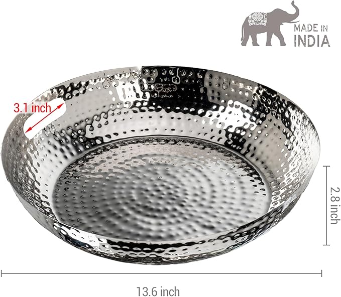 MyGift 14 Inch Deluxe Decorative Dish Tray Centerpiece Base, Silver Tone Plated Hammered Aluminum Fruit Bowl Serving Platter with Cutout Handles - Handcrafted in India