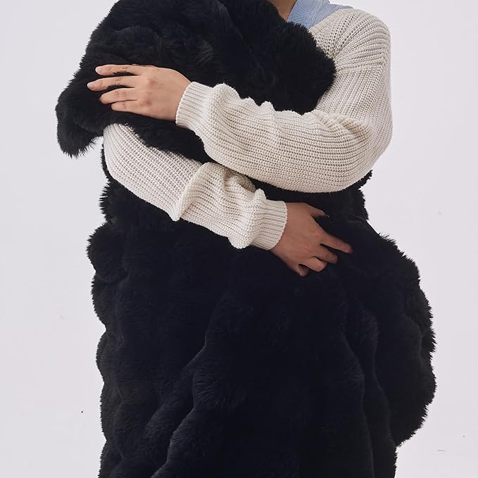 Lotus Karen Faux Fur Blanket - Black Twin Size, Big Bubble Rabbit Fluff, 60x80 Inches