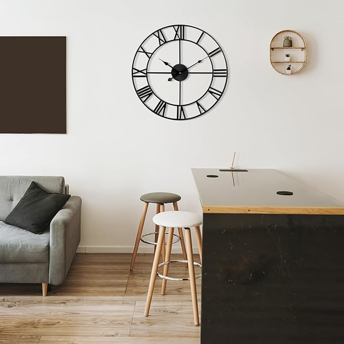 Large Wall Clock - 40cm/ 16 Inches Silent Non-Ticking Metal Wall Clock, Black, Vintage Modern Style, Battery Operated, Ideal for Living Room, Bedroom, Office, Farmhouse Decor