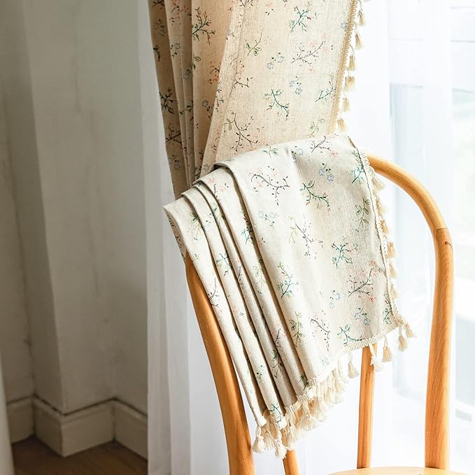 Sutuo Home Florals Boho Farmhouse Curtains, Semi-Blackout Drape Bohemian Window Treatment Cotton Linen Panel with Tassels for Bedroom Living Room, Rod Pocket, 1 Panel 59" W x 84" L
