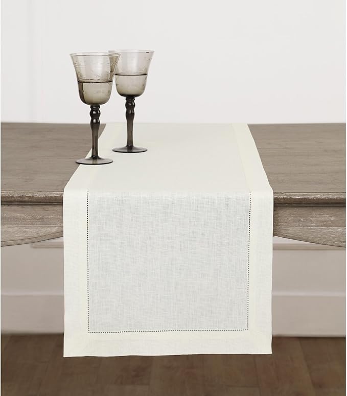 Solino Home Linen Ivory Table Runner 90 Inches Long - 100% Pure Linen Hemstitch 14 x 90 Inch Table Runner for Dining, Fall, Autumn, Thanksgiving - Classic Hemstitch