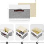 ANMINY Storage Boxes with Lids Washable Decorative Storage Bins Basket with PU Leather Handle Foldable Linen Fabric Storage Cubes Containers for Home Closet Organizer - Gray White, Large Size