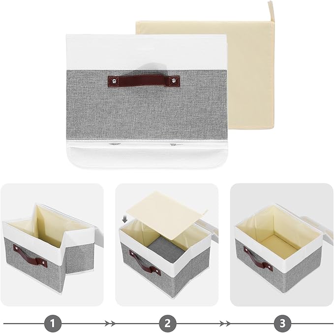 ANMINY Storage Boxes with Lids Washable Decorative Storage Bins Basket with PU Leather Handle Foldable Linen Fabric Storage Cubes Containers for Home Closet Organizer - Gray White, Large Size