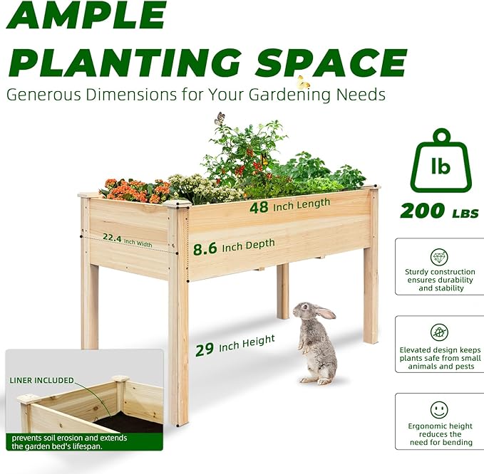 BSP Raised Garden Bed with Legs Outdoor Elevated Planter Box Flower Bed Wood Planter for Vegetable Herb Upgraded Solid Structure Growing Box Suitable for Backyard Patio and Balcony, 48”L X 24”W