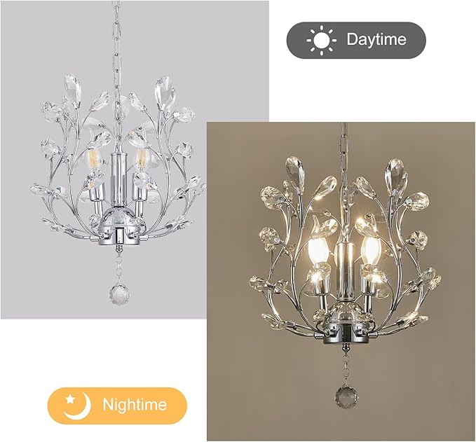 Ganeed 3-Light Branch Crystal Chandelier, Small Flush Mount Vintage Pendant Hanging Lighting, K9 Crystal Farmhouse Ceiling Light for Dining Room Bedroom Living Room Kitchen Hallway, Chrome Silvery