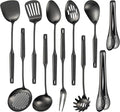 304 Stainlss Steel Matte Kitchen Utensils Set, 11 Pcs Long Metal Cooking Utensil Gadgets Tools Set with Spatula, Ladle, Spoon, Ladle, Skimmer, Tunner, Pasta Server, Tongs(Black, Dishwasher Safe)