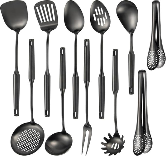 304 Stainlss Steel Matte Kitchen Utensils Set, 11 Pcs Long Metal Cooking Utensil Gadgets Tools Set with Spatula, Ladle, Spoon, Ladle, Skimmer, Tunner, Pasta Server, Tongs(Black, Dishwasher Safe)