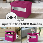 LINMAGCO Storage Ottoman Folding Foot Stool Foot Rest with Side Pocket Modern Ottoman with Storage Short Sofa Stool Linen Cloth 17x13x13(ROSEO)