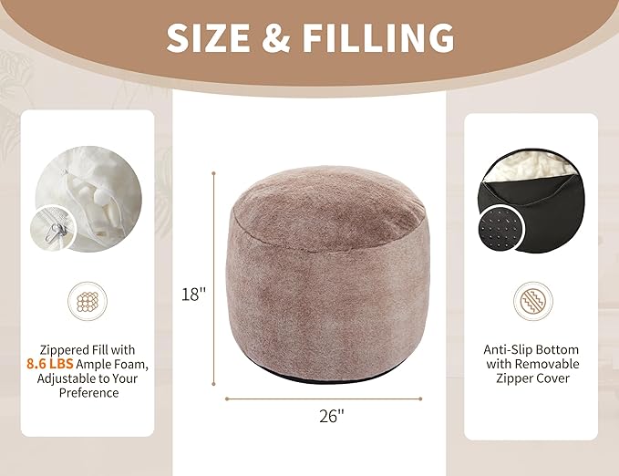 Round Pouf Ottoman 26 * 18" Small Ottoman Foot Rest Pouf Brown Foot Stools for Living Room Comfortable and Dirt Resistant Poofs/Ottomans Furniture Round Ottomans Floor Poufs for Home Decor