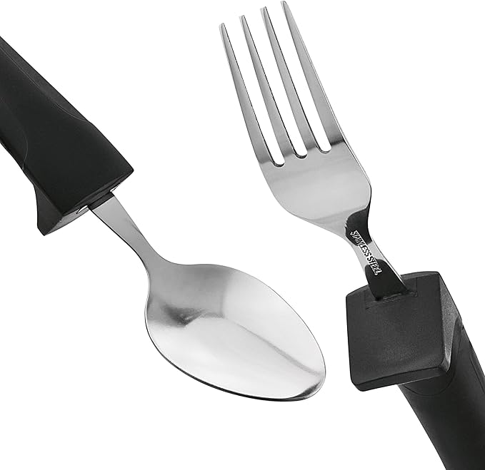 Adaptive Eating Utensils by Celley for Elderly, Handicapped | 4pc Easy Grip Silverware Stainless Steel Knife, Fork, 2 Spoons – (Black)