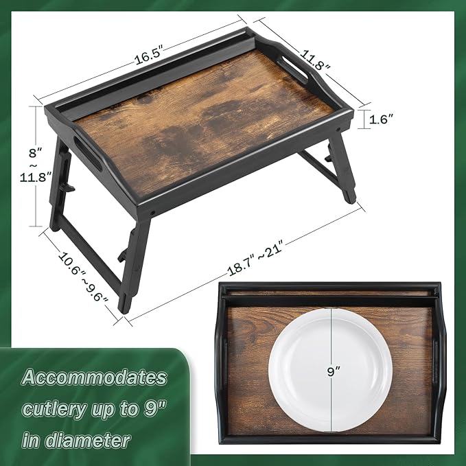 2 Pack Bed Tray Table Breakfast Trays Serving Tray Adjustable Height for Eating Bamboo Bed Laptap Floding Legs with Handles and Phone Holders