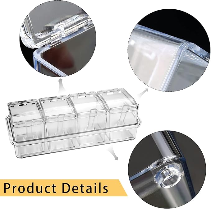 4-Cell Clear Seasoning Rack Spice Box, Storage Container Condiment Jars Acrylic Seasoning Box with Cover and Spoon (Basic Clear)
