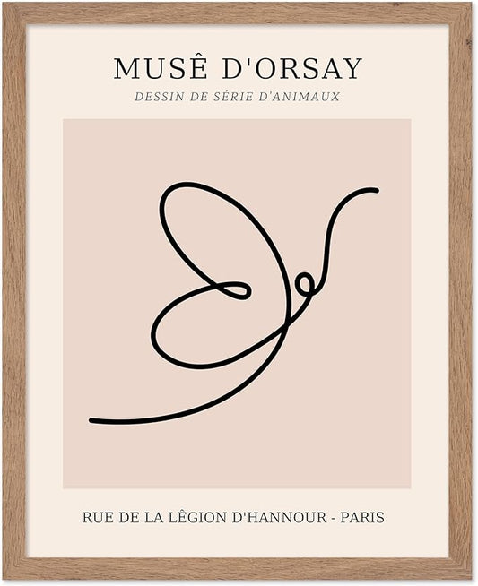 Poster Master Vintage Poster - Retro One Line Butterfly Drawing Print - Butterfly Line Art - Minimal Gift for Him, Her, Animal Lover - Abstract Decor for Home, Office, 8x10 Beige Framed